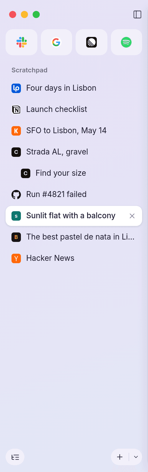 uw's sidebar with nine tabs from different kinds of work in the Scratchpad
